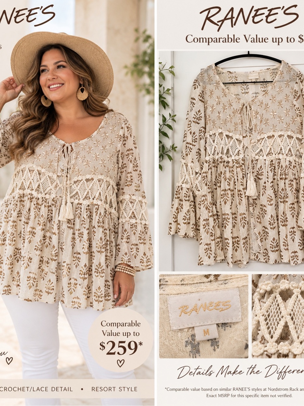 Ranees Beige Floral Crochet Tassel Tunic - Women's
